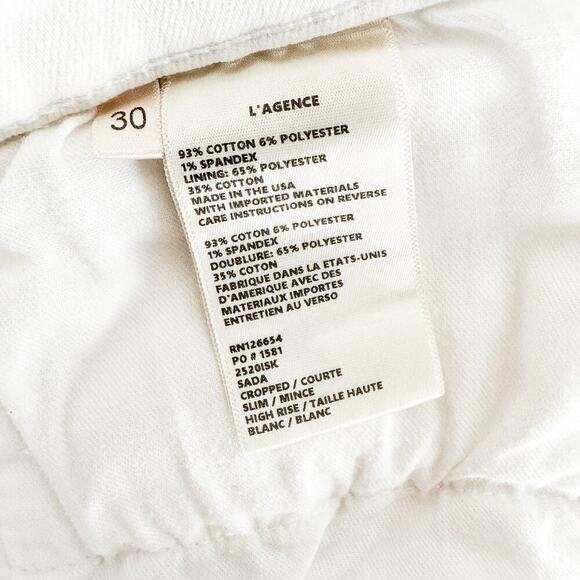L'Agence Sada Cropped Slim High Rise White Denim Jeans Raw Hem Stretchy Size 30 - Picture 7 of 8